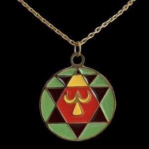 Vintage 1970s Signed Fibe Goldtone And Enamel MOD Medallion Necklace